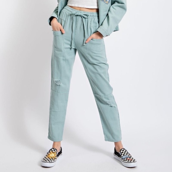 New Easel LA EB50159 Washed Twill Pants Pockets Jogger Sage Distressed Pull On - Picture 5 of 10